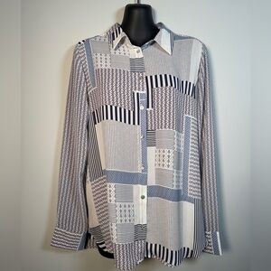 Rose+Olive Patchwork Geometric Print Button Up Blouse Navy Pink | Size Medium